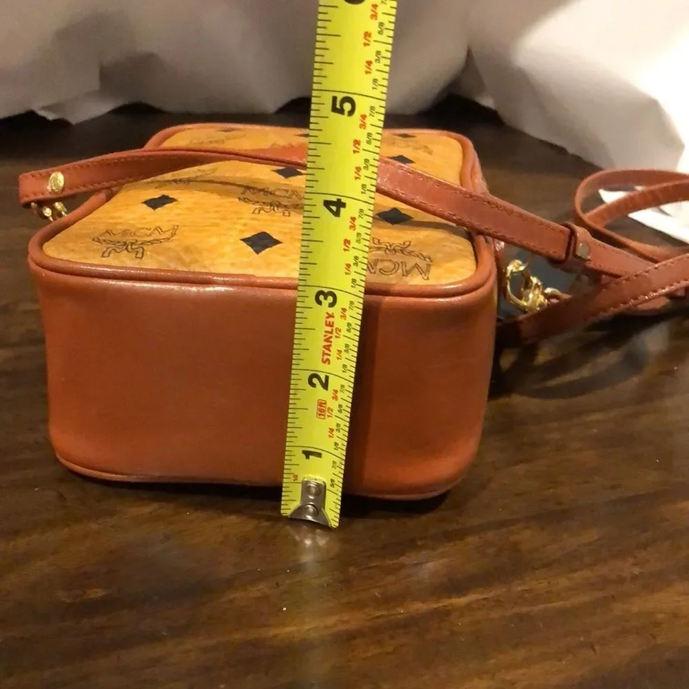 MCM Visetos Cognac Monogram Camera Messenger Bag Leather Lined Mirror EUC RARE